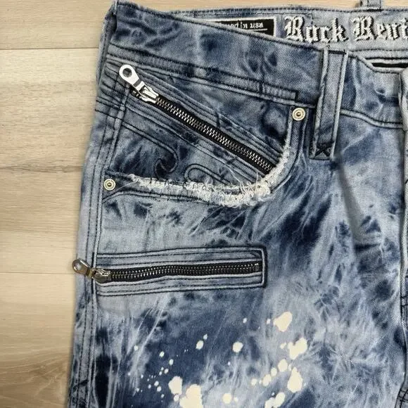 NEW Rock Revival Moto EAN Men's Jeans Acid Wash Blue Zippers 32x33 Stretch